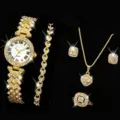 Women gold rhinestone watch bracelet necklace earrings ring jewelry set luxury quartz gift - Gold-Tone Set & Jewelry Set (No Box) / Direct Factory Price