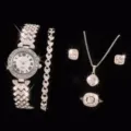 Women rhinestone quartz watch jewelry set silver luxury crystal bracelet necklace ring 5pcs - Silver-Tone Set & Jewelry Set (No Box) / Direct Factory Price
