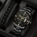 Set orologio al quarzo nero e bracciale a catena con dettagli dorati in confezione regalo. - A6 Orologio + Bracciale (Con Scatola Nera) / Nero