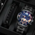 Set regalo con orologio al quarzo nero e bracciale in catena con quadrante blu elegante. - Orologio con Quadrante Blu + Bracciale (Con Scatola Nera) / Bianco