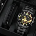 Orologio al quarzo nero oro e bracciale a catena set regalo per uomini e donne elegante - A5 Orologio + Bracciale (Con Scatola Nera) / nero e oro