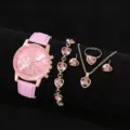 Rosa Quarzuhr und Herz Strass Schmuckset mit Halskette, Ring und Ohrringen für Damen. - Schmuckset Ohne Box