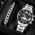 Orologio al quarzo in acciaio inossidabile argento e bracciale in scatola regalo nera. - A2 Orologio + Bracciale (Con Scatola Nera) / Argento