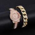 Elegante Luxus Strass Damen Quarzuhr und Kubanische Kette Armband Set in Roségold - Rosa Set / Direkter Fabrikpreis