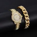 Orologio da donna al quarzo con numeri romani in strass di lusso e set bracciale con zirconi - Stile 1 con Strass Pavé con Catena Cubana / Oro
