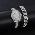 Orologio donna strass al quarzo e bracciale maglia cubana set gioielli moda lusso - Stile 3 con Strass Pavé con Catena Cubana / Argento