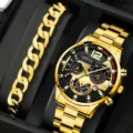 Set orologio al quarzo dorato e bracciale a catena grossa con scatola regalo nera elegante - A1 Orologio + Bracciale (Con Scatola Nera) / Oro