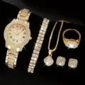 Luxus Strass Rom Ziffer Quarz Uhr und Schmuck Set fuer Damen Gold Farbe Variante 01 - Stil 2 + Schmuckset (Ohne Box) / Direkter Fabrikpreis