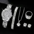 Elegantes Damen Luxus Strass Quarz Uhr Tennisarmband Halskette Ring Ohrringe Schmuck Set - Stil 1 + Schmuckset (Ohne Box) / Direkter Fabrikpreis
