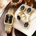 Elegante set di orologio e gioielli da donna con pietra nera e cristalli dorati luminosi. - Orologio Con Strass E Set Di Gioielli Da 5 Pezzi (25) / Oro con pietra preziosa nera