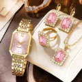 Orologio donna oro set gioielli cristallo rosa quarzo collana orecchini anello - Orologio Rettangolare Rosa Strass E Set Di Gioielli Da 5 Pezzi (27) / Oro con pietra preziosa rosa