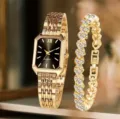 Orologio da polso al quarzo oro donna e set bracciale con diamanti quadrante rettangolare - Set Orologio al Quarzo e Bracciale (35) / Cassa Oro Quadrante Nero