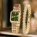 Set orologio al quarzo da donna in oro di lusso e bracciale con diamanti quadrante verde. - Set Orologio al Quarzo e Bracciale (37) / Cassa Oro Quadrante Verde