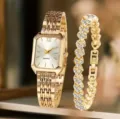 Elegante set di orologio al quarzo rettangolare e bracciale dorato per donna stile alla moda. - Set Orologio al Quarzo e Bracciale (38) / Cassa Oro Quadrante Bianco