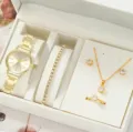 Luxury gold quartz watch bracelet necklace earrings ring gift set for women elegant daily wear - Gold 5-Piece Gift Box Set
