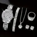 Women rhinestone watch jewelry set sparkling crystal necklace bracelet ring earrings detail view - B2 + Jewelry Set (No Box)