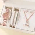 Women rose gold watch set with diamond tennis bracelet necklace earrings ring detail view - Rose Gold 5-Piece Gift Box Set