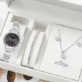Close up detail view of the elegant women watch and sparkling rhinestone jewelry gift set. - Silver Gift Set