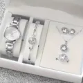 Women luxury rhinestone watch bracelet necklace ring earrings gift set elegant jewelry box - Silver 5-Piece Gift Box Set