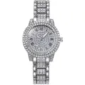 Women rhinestone starry sky quartz watch with silver metal bracelet and roman numerals. - B2