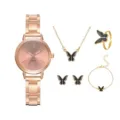 Women rose gold quartz watch and black butterfly necklace ring earrings bracelet set - Rose Gold Butterfly Set