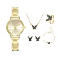 Detailed view of gold quartz watch and black butterfly necklace earrings ring bracelet set. - Gold Color Butterfly Set