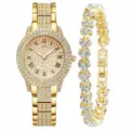 Luxury gold rhinestone quartz watch and matching bracelet set for women, elegant iced out design. - Gold B1 with Bracelet