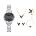 Detailed view of women quartz watch and black butterfly jewelry set with necklace and ring. - Silver Black-Edge Butterfly 5-Piece Set