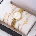 Elegant gold women quartz watch and stylish four piece bracelet set in gift box. - Gold Cactus Bracelet Set
