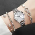 Silver quartz watch and rhinestone bracelet set detail view, elegant fashion women gift. - Silver Heart Bracelet Set
