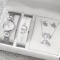 Detailed shot of the elegant silver quartz watch and heart shaped jewelry gift set. - Silver 5-Piece Gift Box Set