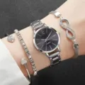 Detailed shot of women silver quartz watch with diamond bracelet set, sparkling crystal design. - Silver Black Heart Bracelet Set