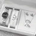 Detailed view of the elegant women rhinestone heart jewelry gift set with watch and necklace. - Silver Full Accessory Set