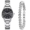 Detailed view of women quartz watch with silver metal strap and matching crystal heart bracelet. - Silver Heart Bracelet Set