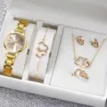 Gold rhinestone double heart watch bracelet necklace ring earrings jewelry gift set box. - Gold Rhinestone 5-Piece Gift Box Set
