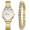 Gold quartz watch and heart rhinestone bracelet detail shot, elegant women jewelry set. - Gold Heart Rhinestone Bracelet Set