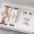 Rose gold watch and heart jewelry set detail, featuring sparkling rhinestones and design. - Rose Gold Double Heart Gift Box Set