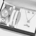 Luxury silver watch and jewelry gift set for women, rhinestone bracelet necklace ring earrings. - Silver 5-Piece Gift Box Set