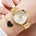 Women gold quartz watch and black heart charm bracelet set elegant fashion ladies wrist watch - Gold Heart Pendant Bracelet Set