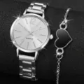 Silver quartz watch and black heart charm bracelet set for women elegant fashion jewelry - Silver Black Heart Pendant Bracelet Set
