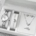 Silver rhinestone jewelry set includes quartz watch, bracelet, necklace, earrings, and ring. - Silver Elegant Set