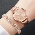 Women rose gold quartz watch and double rhinestone bracelet set, elegant fashion daily wear. - Rose Gold Double-Row Rhinestone Bracelet Set