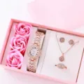 Set Orologio Quarzo Strass Donna Confezione Regalo Gioielli Moda Lusso Orologio da Polso - Taglia unica / Set Scatola Regalo Rosa Gioielli (56) / Oro
