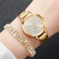 Gold tone quartz watch with double rhinestone tennis bracelet set for women, detail wrist view. - Gold Double-Layer Rhinestone Bracelet Set