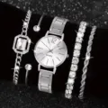 Women's silver quartz watch and rhinestone bracelet set, fashion jewelry accessory gift. - Silver Multi-Style Bracelet Combination
