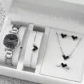Close-up detail of women luxury jewelry gift set featuring watch bracelet necklace earrings ring. - Heart Rhinestone 5-Piece Gift Box Set