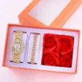 Set regalo donna orologio quarzo strass bracciale rosa di sapone scatola elegante lusso - Set Gioielli Fiori di Sapone (51) / Con Scatola Regalo / Oro