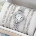 Orologio Quarzo Donna Strass Argento e Set Bracciali 5 Pezzi Scatola Regalo Lusso - Set Gioielli 5 Pezzi (38) / Argento