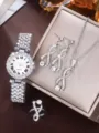Donna strass quarzo orologio collana orecchini anello gioielli set regalo perfetto - Set Gioielli 5 Pezzi (36) / Argento