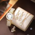 Set di gioielli con orologio al quarzo in strass dorato con collana, orecchini e anello. - Set Gioielli 5 Pezzi (35) / Oro